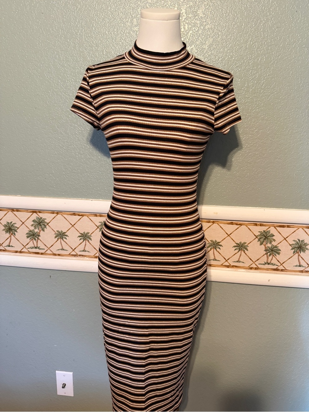 Derek Heart Black and Cream Striped Ribbed Midi Dress